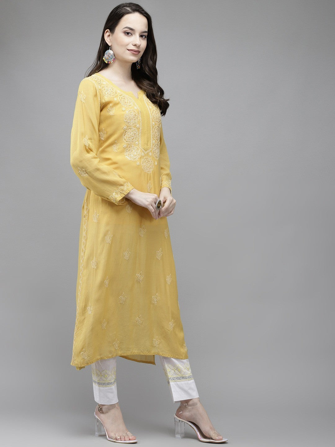 Ada Hand Embroidered Lime Green Muslin Lucknowi Chikankari Straight Kurta With Muqaish Work A411301