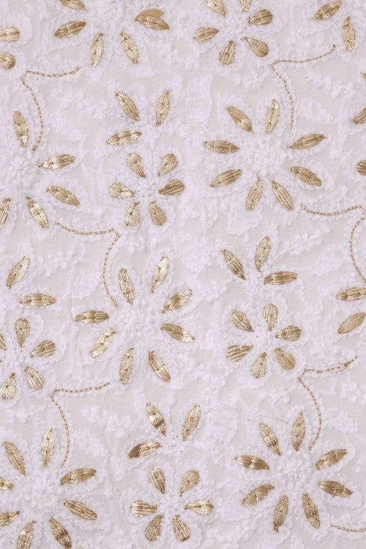 Ada Hand Embroidered White Georgette Lucknowi Chikan Unstitched Kurta Dupatta Set With Gota Patti Work - A618294