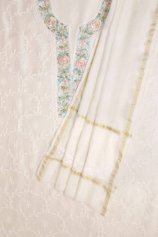 Ada Hand Embroidered Cream Chanderi Lucknowi Chikan Unstitched Kurta Dupatta Set- A610361
