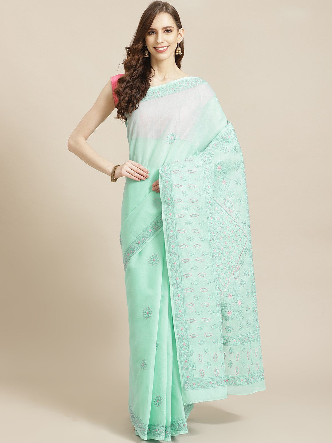 Ada Hand Embroidered Sea Green Cotton Lucknow Chikan Saree With Blouse-A311207