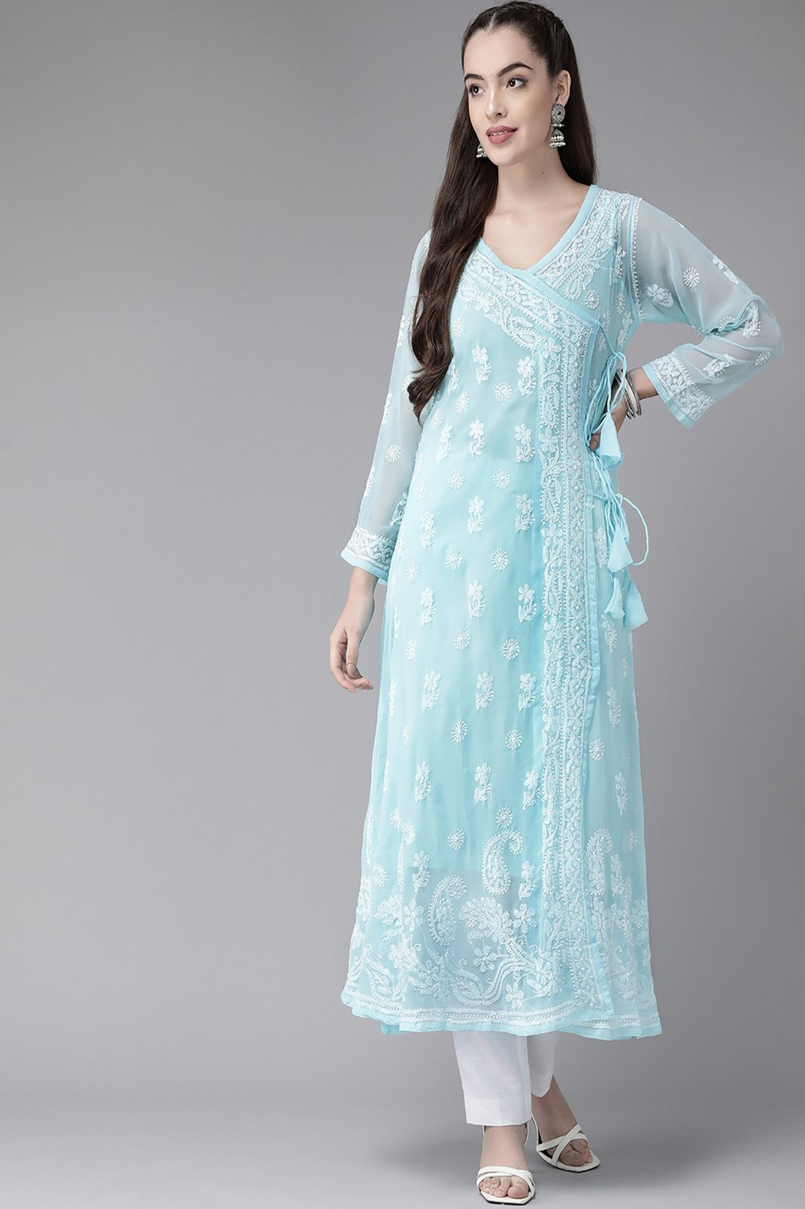 Ada Hand Embroidered Blue Georgette Lucknowi Chikankari Angarkha Kurta with Slip A411263