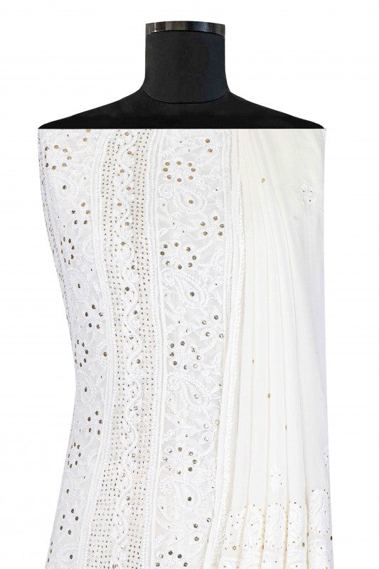 Ada Hand Embroidered White Viscose Georgette Semi-stitched Anarkali Kurta Dupatta With Muqaish Work- A621530