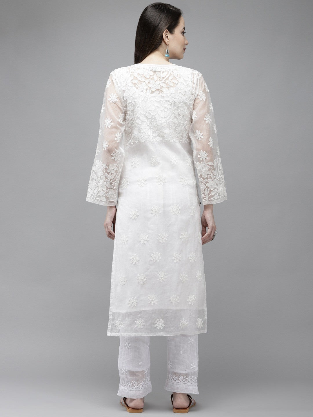Ada Hand Embroidered White Organza Lucknowi Chikankari Straight Kurta With Slip A411302