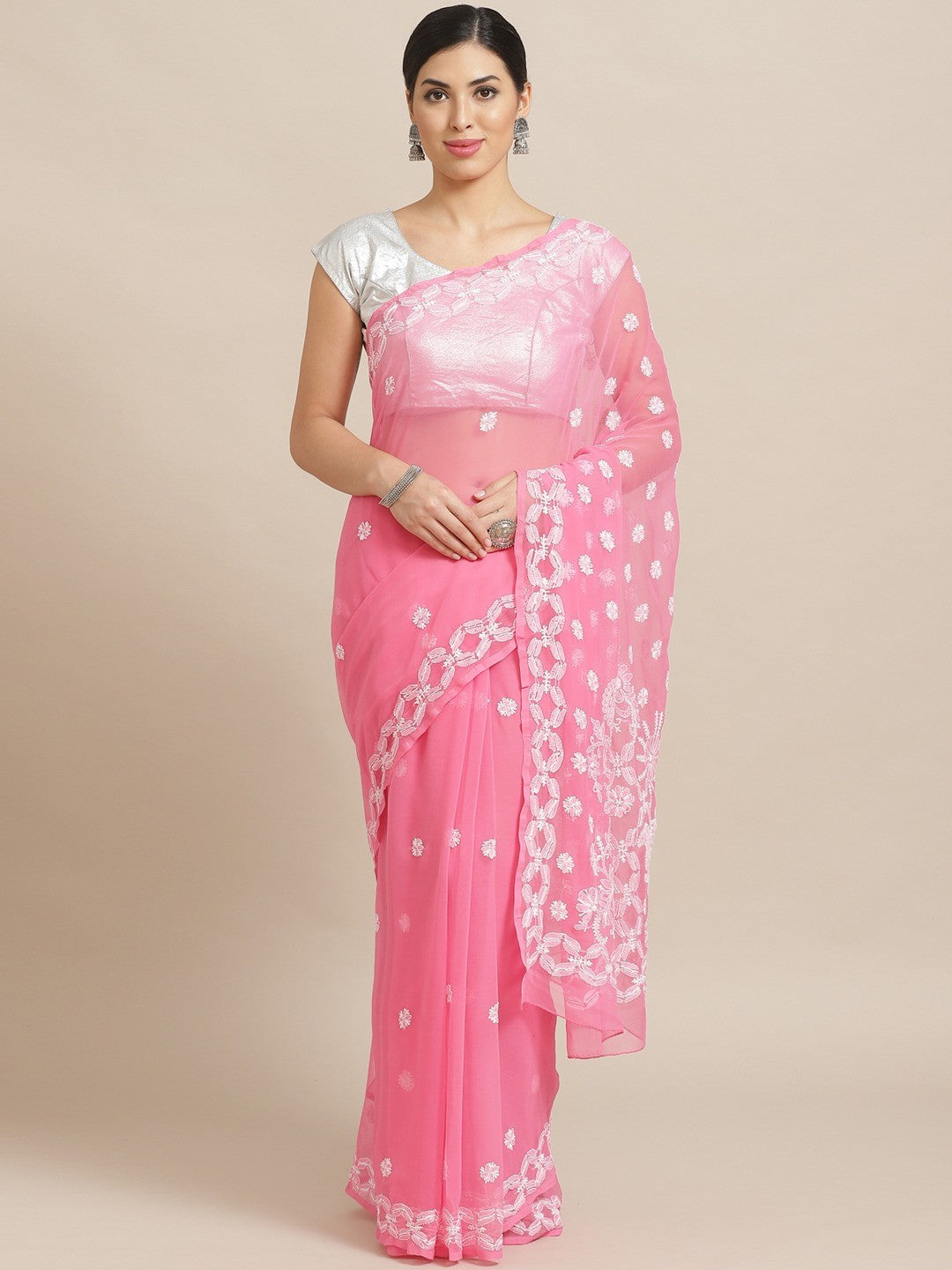 Ada Hand Embroidered Pink Georgette Lucknowi Chikankari Saree with Blouse A219455