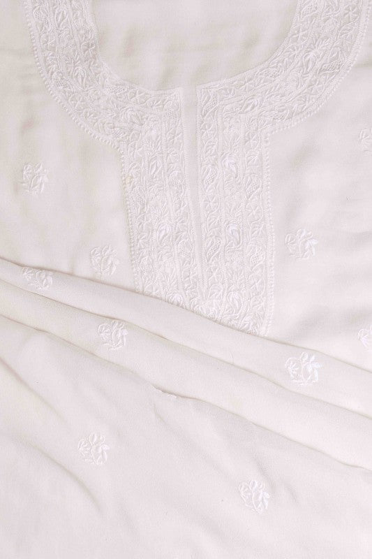 Ada Hand Embroidered White Pure Georgette Lucknowi Chikan Unstitched Kurta Dupatta Set A467217