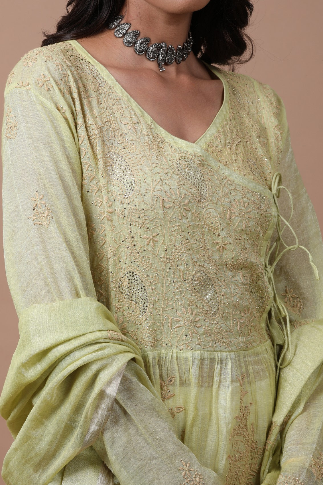 Ada Hand Embroidered Lime Green Tissue Lucknowi Chikankari Semi-stitched Kurta Dupatta Set With Muqaish Work 01A238364