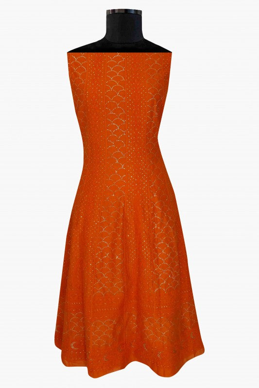 Ada Hand Embroidered Orange Chanderi Chikan Semi-stitched Anarkali Kurta Dupatta With Muqaish Work-A623106