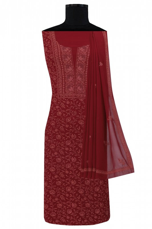Ada Hand Embroidered Maroon Pure Georgette Lucknowi Chikan Unstitched Kurta Dupatta Set A511814