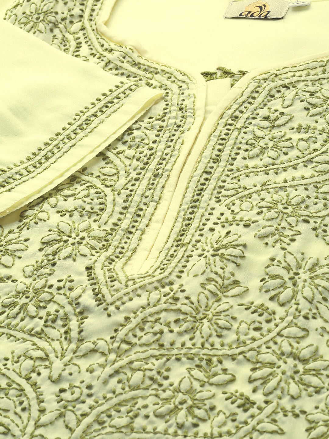 Ada Hand Embroidered Lemon Cotton Lucknowi Chikankari Kurta Straight A100370