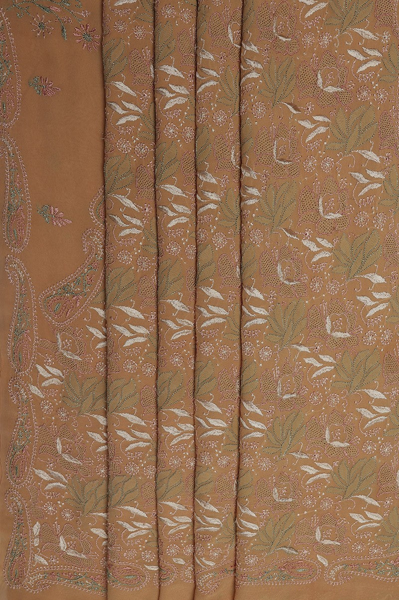 Ada Hand Embroidered Carmel Brown Pure Georgette Lucknowi Chikankari Saree With Blouse- A600528