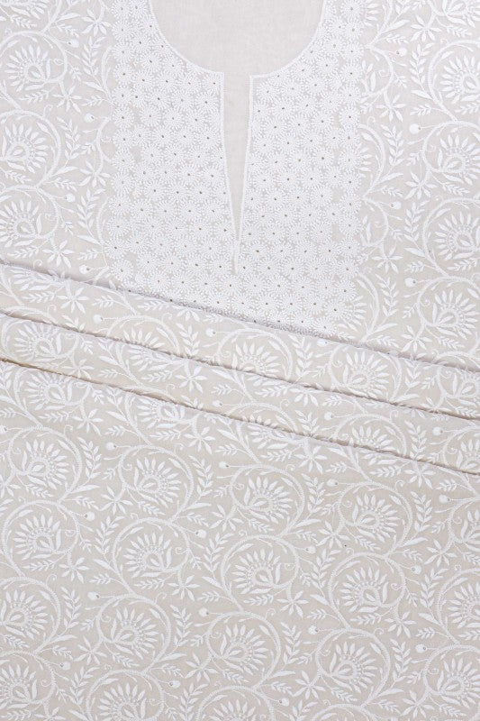 Ada Hand Embroidered White Pure Georgette Lucknowi Chikan Unstitched Kurta Dupatta Set- A257105
