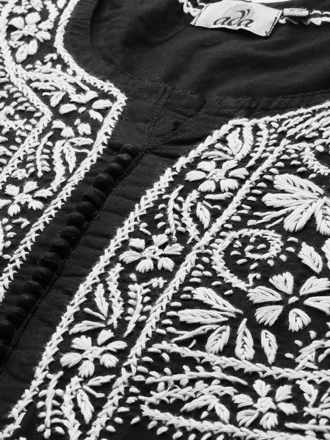Ada Hand Embroidered Black Cotton Lucknowi Chikankari Straight Kurta A341075