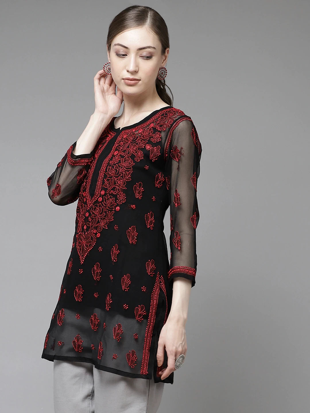 Ada Hand Embroidered Black Georgette Lucknowi Chikankari Kurti With Slip A911135