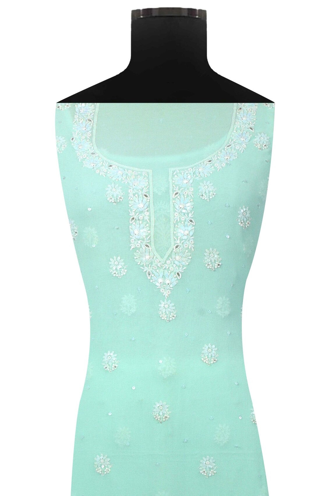 Ada Hand Embroidered Sea Green Pure Georgette Lucknowi Chikankari Unstitched Kurta Piece With Sequinned Work A508033