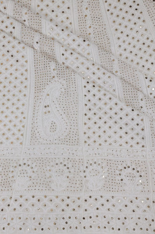 Ada Hand Embroidered White Georgette Lucknowi Chikankari Semi-stitched Anarkali Kurta Dupatta Set With Muqaish Work- A621528