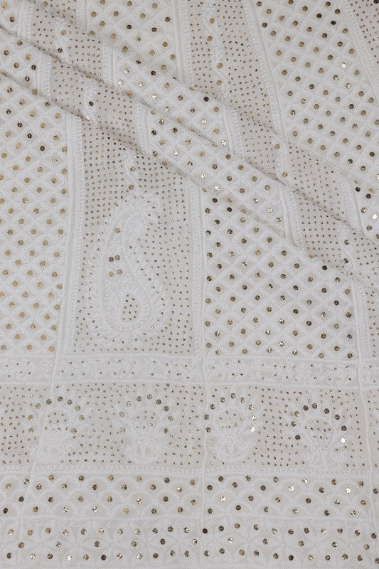 Ada Hand Embroidered White Georgette Lucknowi Chikankari Semi-stitched Anarkali Kurta Dupatta Set With Muqaish Work- A621528