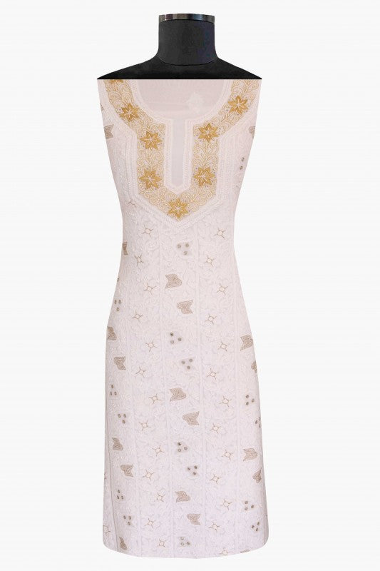 Ada Hand Embroidered White Georgette Lucknowi Chikan Unstitched Kurta Piece with Pearl Work A501433