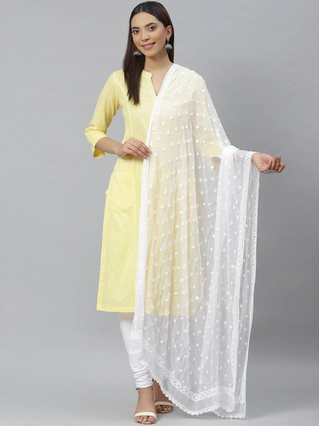 Ada Hand Embroidered White Chiffon Lucknowi Chikankari Dupatta A511120