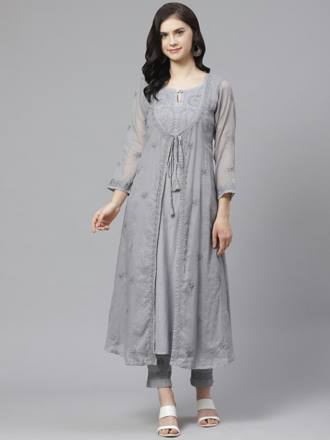 Ada Hand Embroidered Grey Kota Lucknowi Chikankari Kurta with Trouser Set A100551