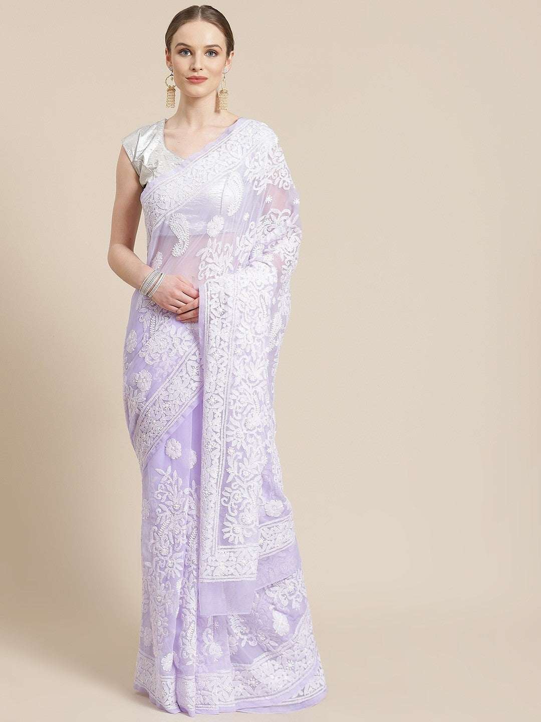 Ada Hand Embroidered Lavender Georgette Lucknow Chikan Saree With Blouse- A311239