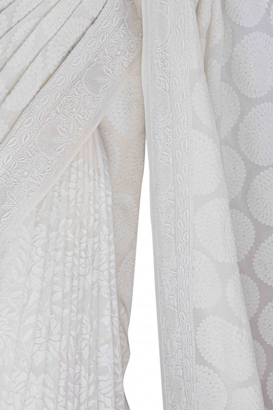 Ada Hand Embroidered White Pure Georgette Lucknow Chikan Saree With Blouse-A453443