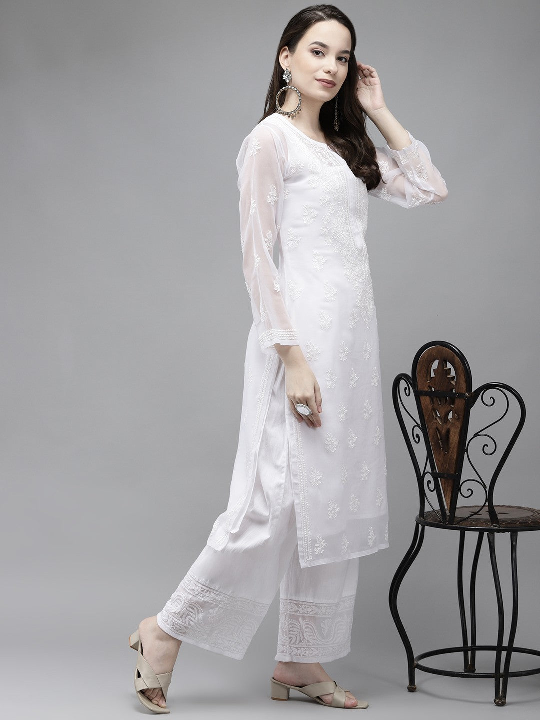 Ada Hand Embroidered White Georgette Lucknowi Chikankari Kurta Set with Slip A811206
