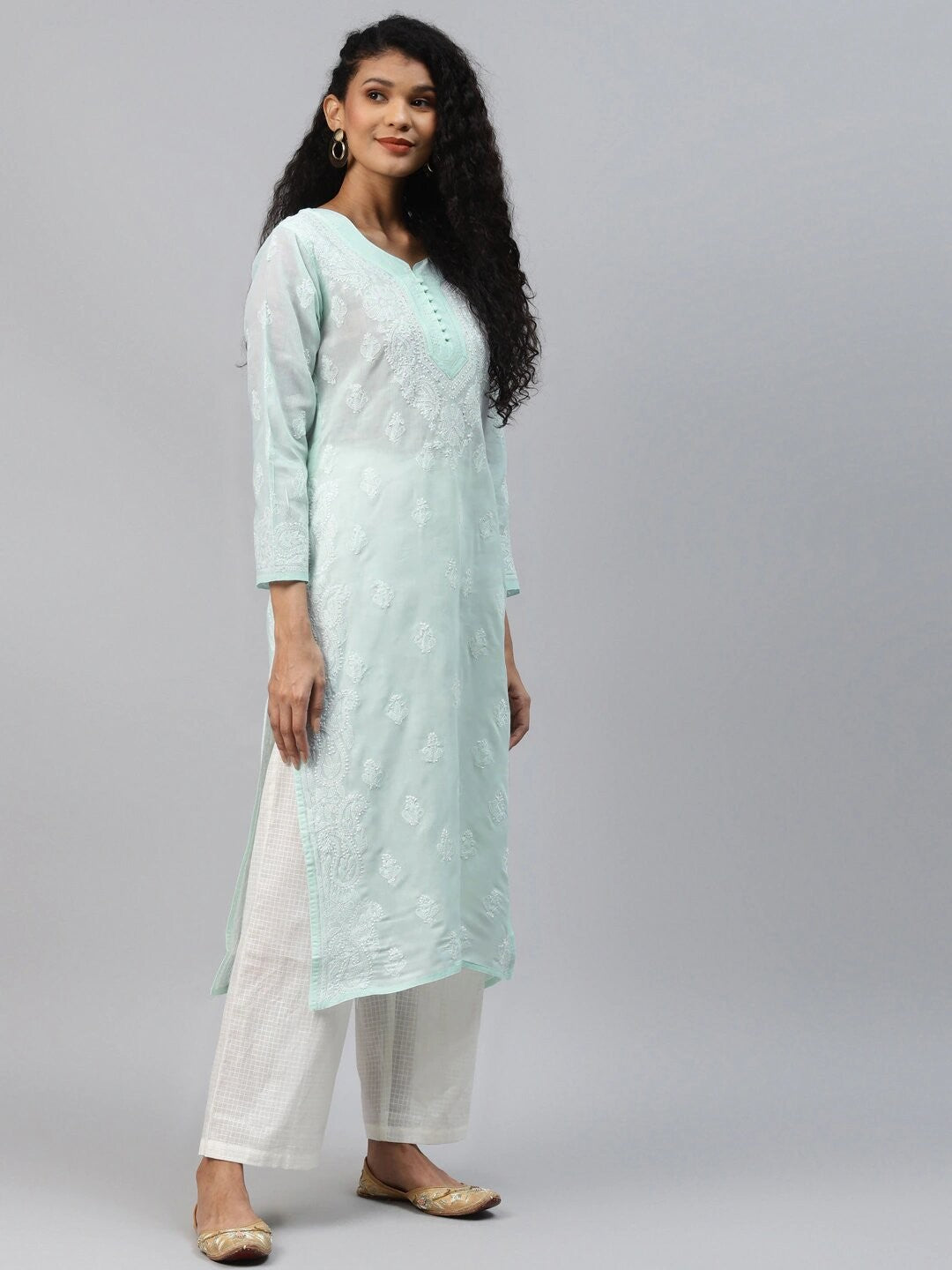 Ada Hand Embroidered Sea Green Cotton Lucknowi Chikankari Straight Kurta A236281