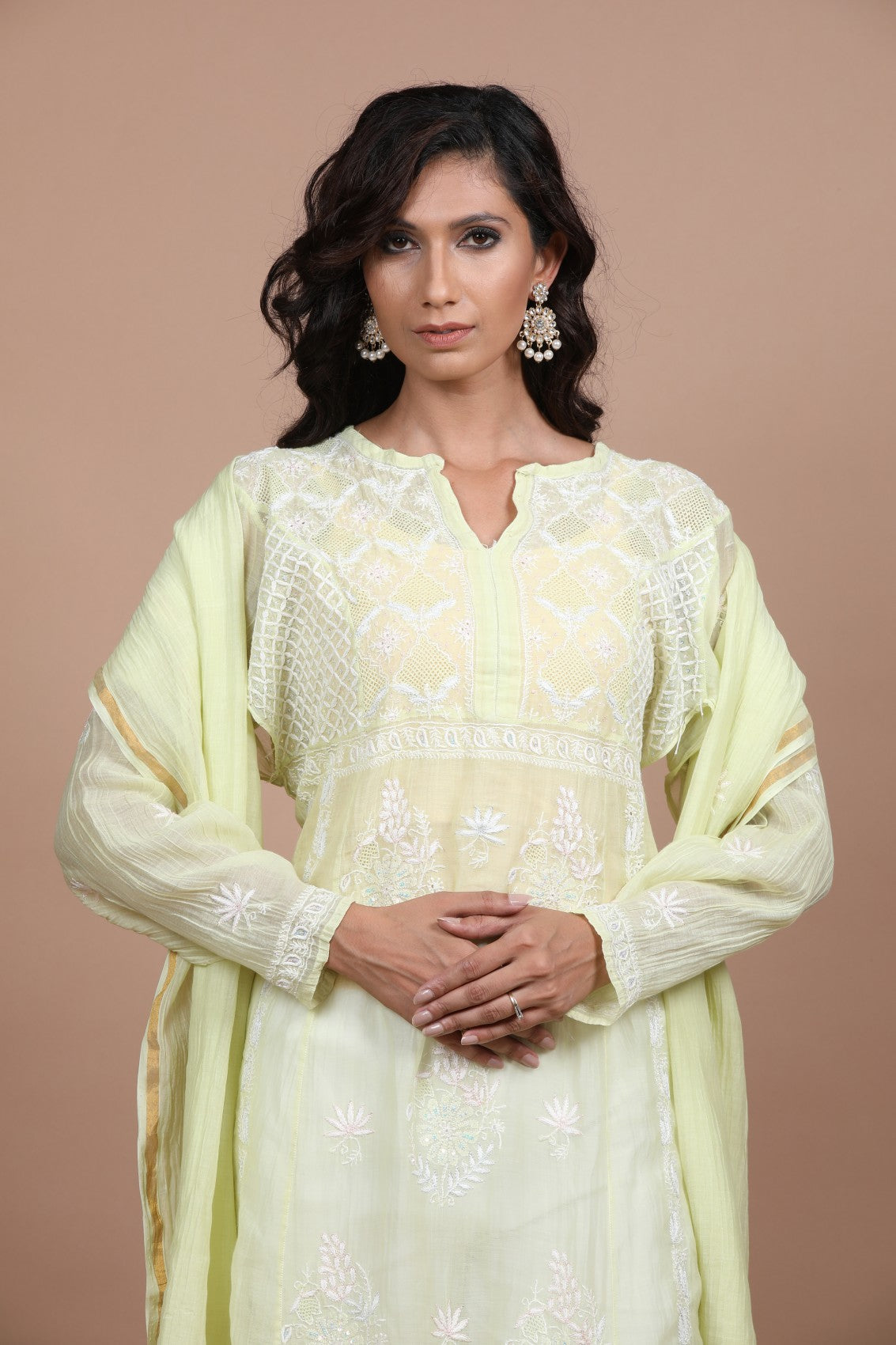 Ada Hand Embroidered Lime Green Chanderi Lucknowi Chikankari Semi-Stitched Anarkali Kurta Dupatta Set With Sequinned Work 01A243859