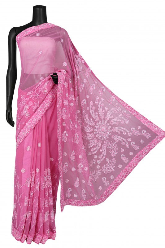 Ada Hand Embroidered Pink Georgette Lucknowi Chikankari Saree/Blouse With Pearl Work A493286
