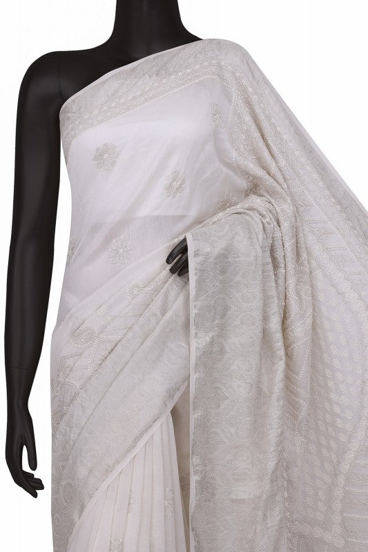 Ada Hand Embroidered White Chanderi Lucknowi Chikankari Saree with Blouse A612062