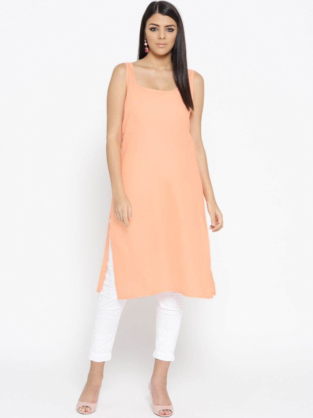 Ada Hand Embroidered Peach Faux Georgette Lucknowi Chikankari Kurta Set With Slip A100044