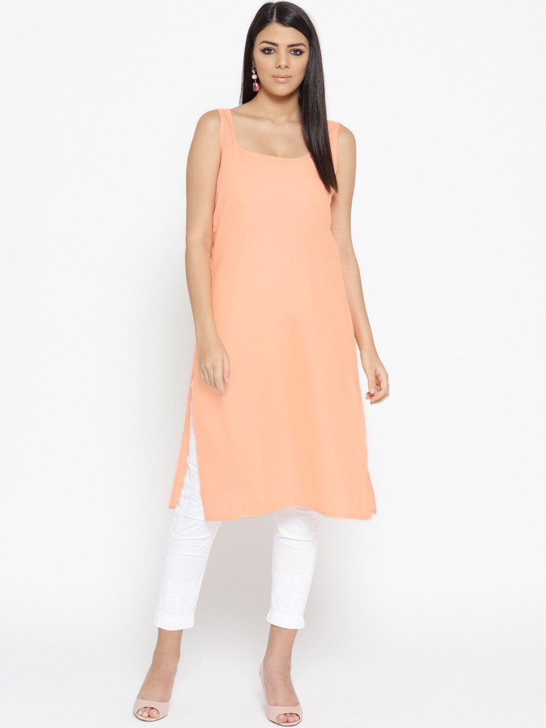 Ada Hand Embroidered Peach Faux Georgette Lucknowi Chikankari Kurta Set With Slip A100044
