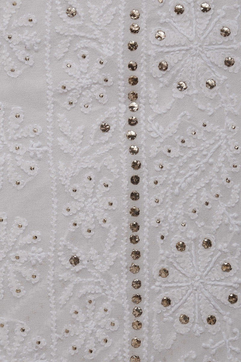 Ada Hand Embroidered White Pure Georgette Lucknowi Chikan Unstitched Kurta Dupatta with Muqaish Work– A590754