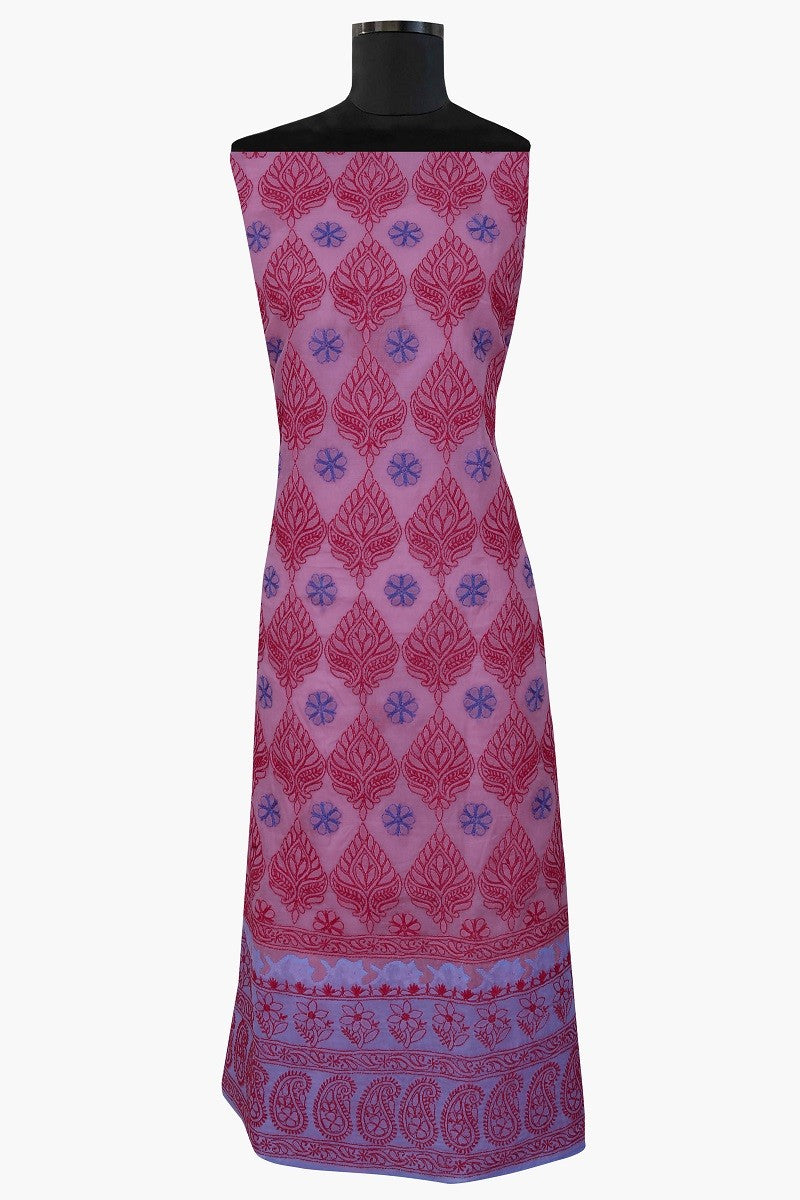 Ada Hand Embroidered Mauve Cotton Chikan Unstitched Kurta Piece- A610245