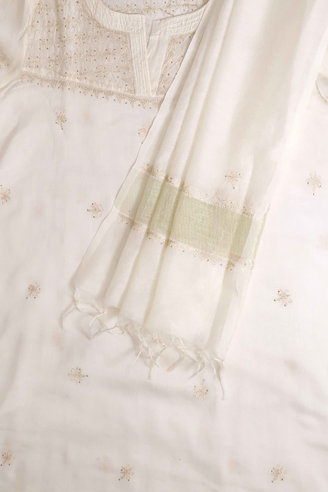 Ada Hand Embroidered Cream Chanderi Lucknowi Chikankari Semi-stitched Kurta Dupatta Set With Muqaish Work A577228