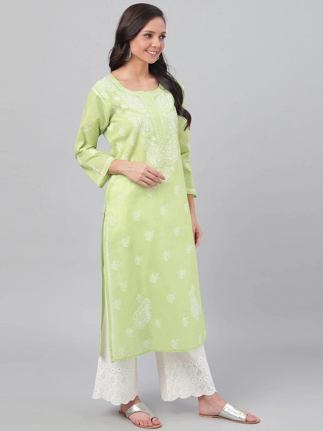 Ada Hand Embroidered Green Cotton Lucknow Chikankari Straight Kurta A133643