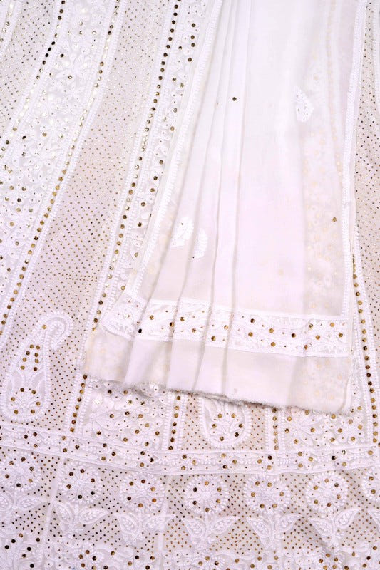 Ada Hand Embroidered White Georgette Lucknowi Chikankari Semi-Stitched Anarkali Kurta Dupatta Set With Muqaish Work 01A137140
