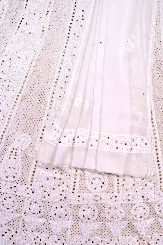 Ada Hand Embroidered White Georgette Lucknowi Chikankari Semi-Stitched Anarkali Kurta Dupatta Set With Muqaish Work 01A137140