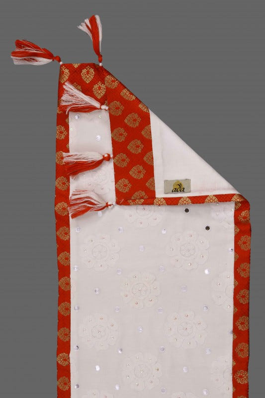 Ada Hand Embroidered White Pure Georgette Lucknowi Chikankari Table Runner With Sequinned Work 01A15146