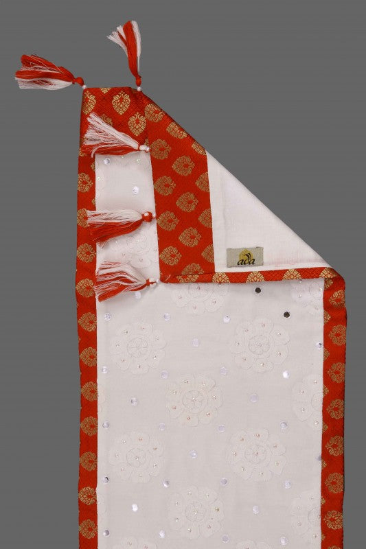 Ada Hand Embroidered White Pure Georgette Lucknowi Chikankari Table Runner With Sequinned Work 01A15146