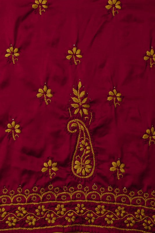Ada Hand Embroidered Maroon Cotton Lucknowi Chikan Unstitched Suit Piece With Muqaish Work – A622615