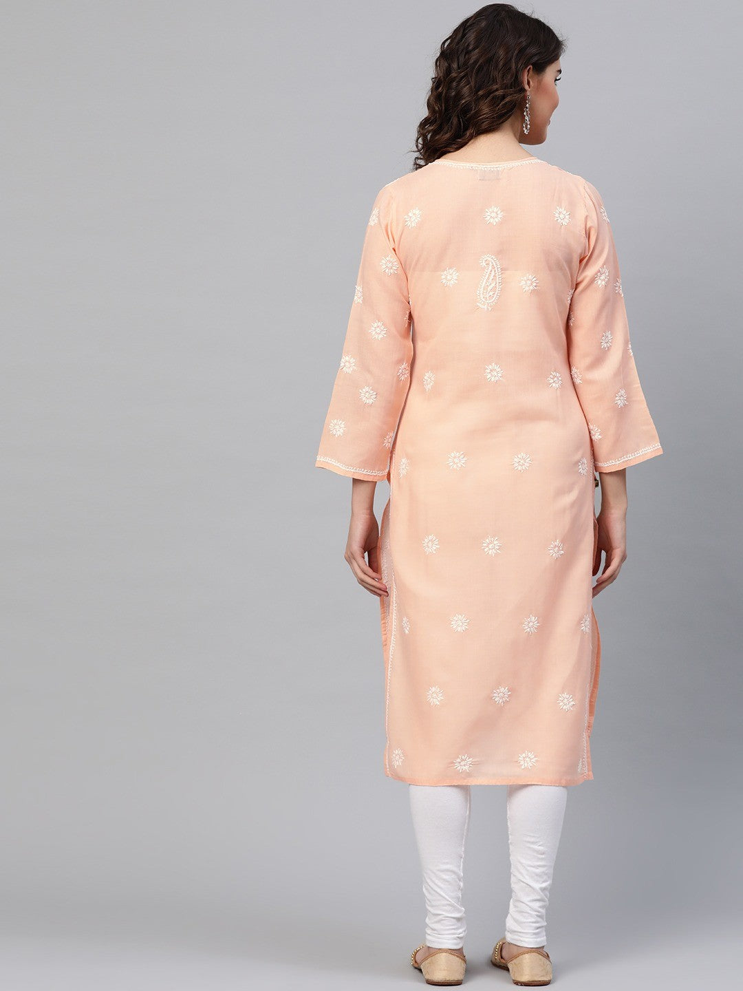 Ada Hand Embroidered Peach Cotton Lucknow Chikankari Straight  Kurta A208062