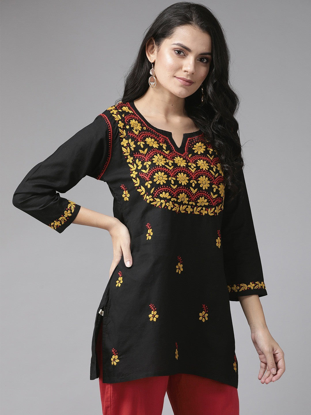 Ada Hand Embroidered Black Cotton Lucknowi Chikan Kurti A911117