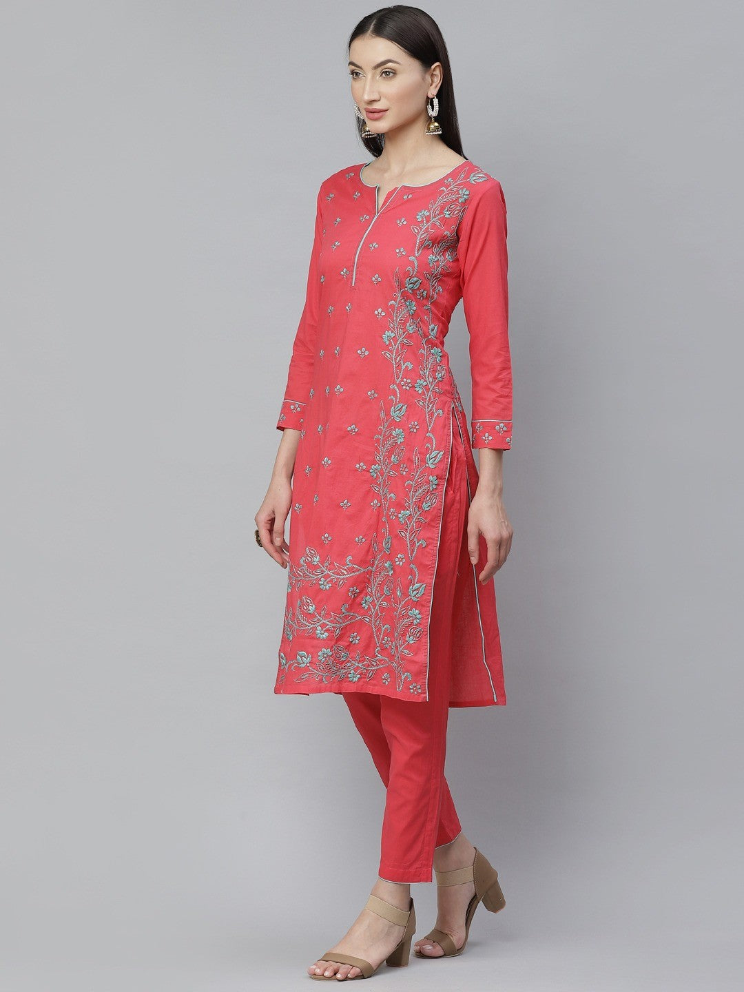 Ada Hand Embroidered Carrot Pink Cotton Lucknowi Chikankari Straight Kurta With Trouser Set A811132
