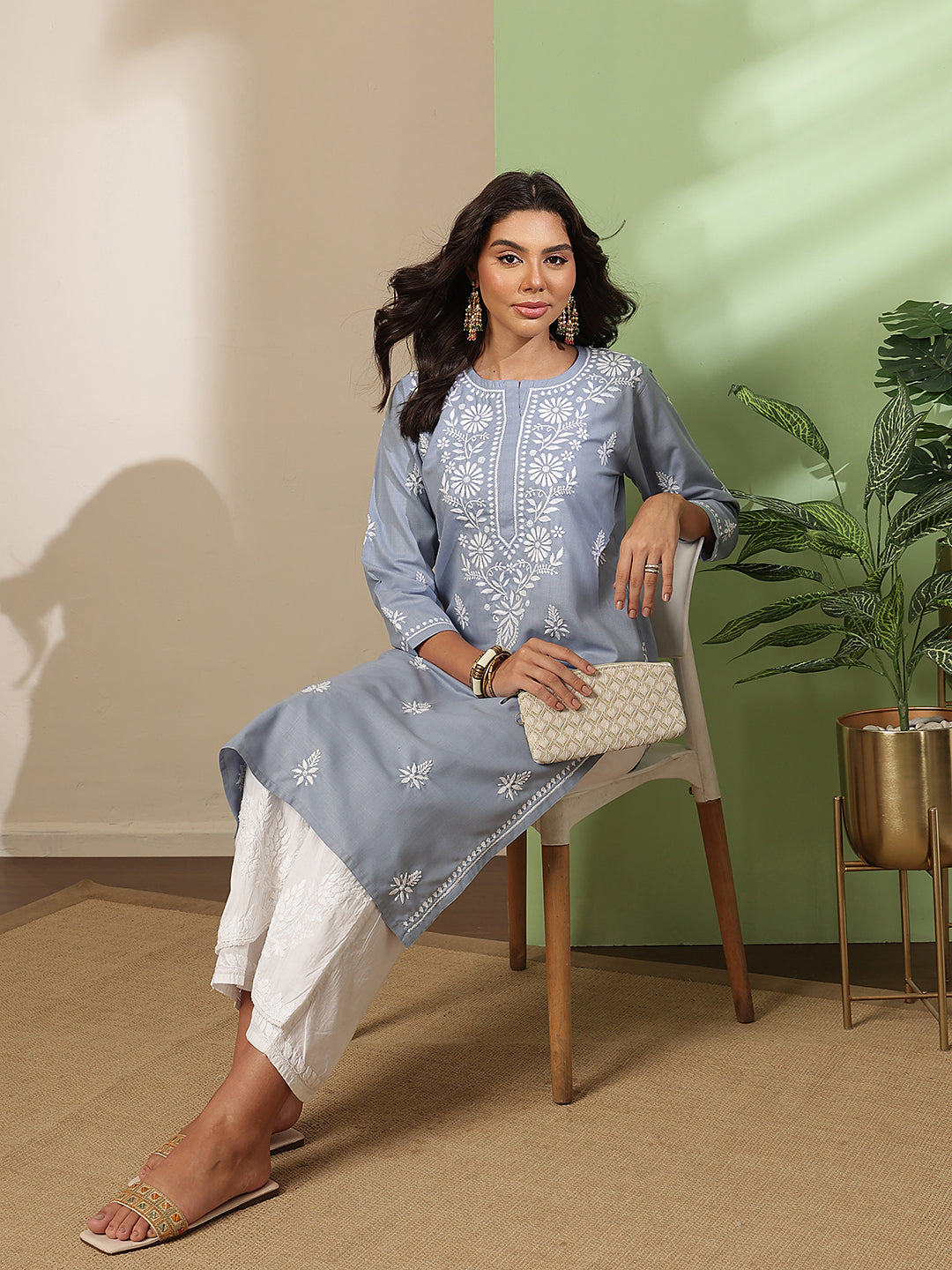 Ada Hand Embroidered Grey Cotton Lucknow Chikankari Kurta A411815