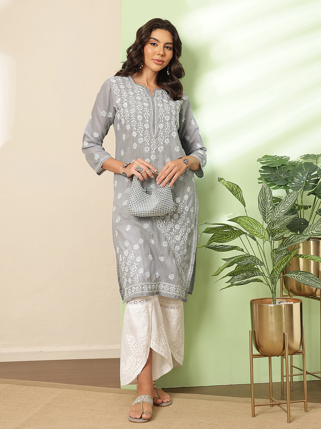 Ada Hand Embroidered Grey Cotton Lucknowi Chikankari Straight Kurta A411168