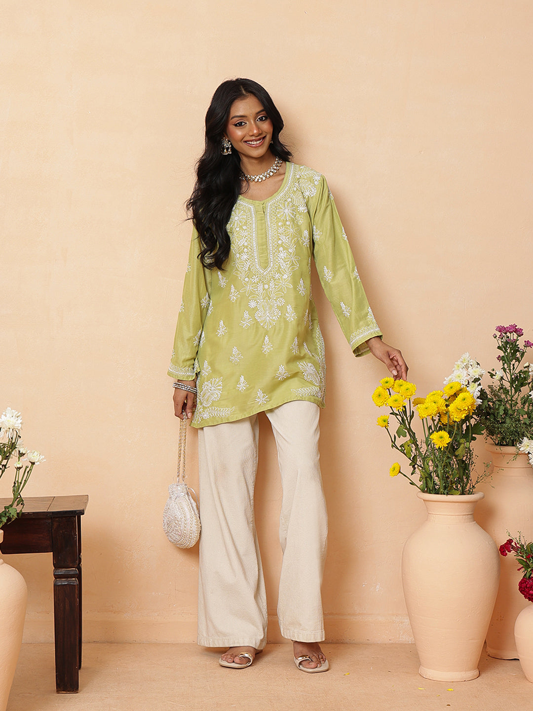 Ada Hand Embroidered Green Muslin Lucknowi Chikankari Short Kurti A911582