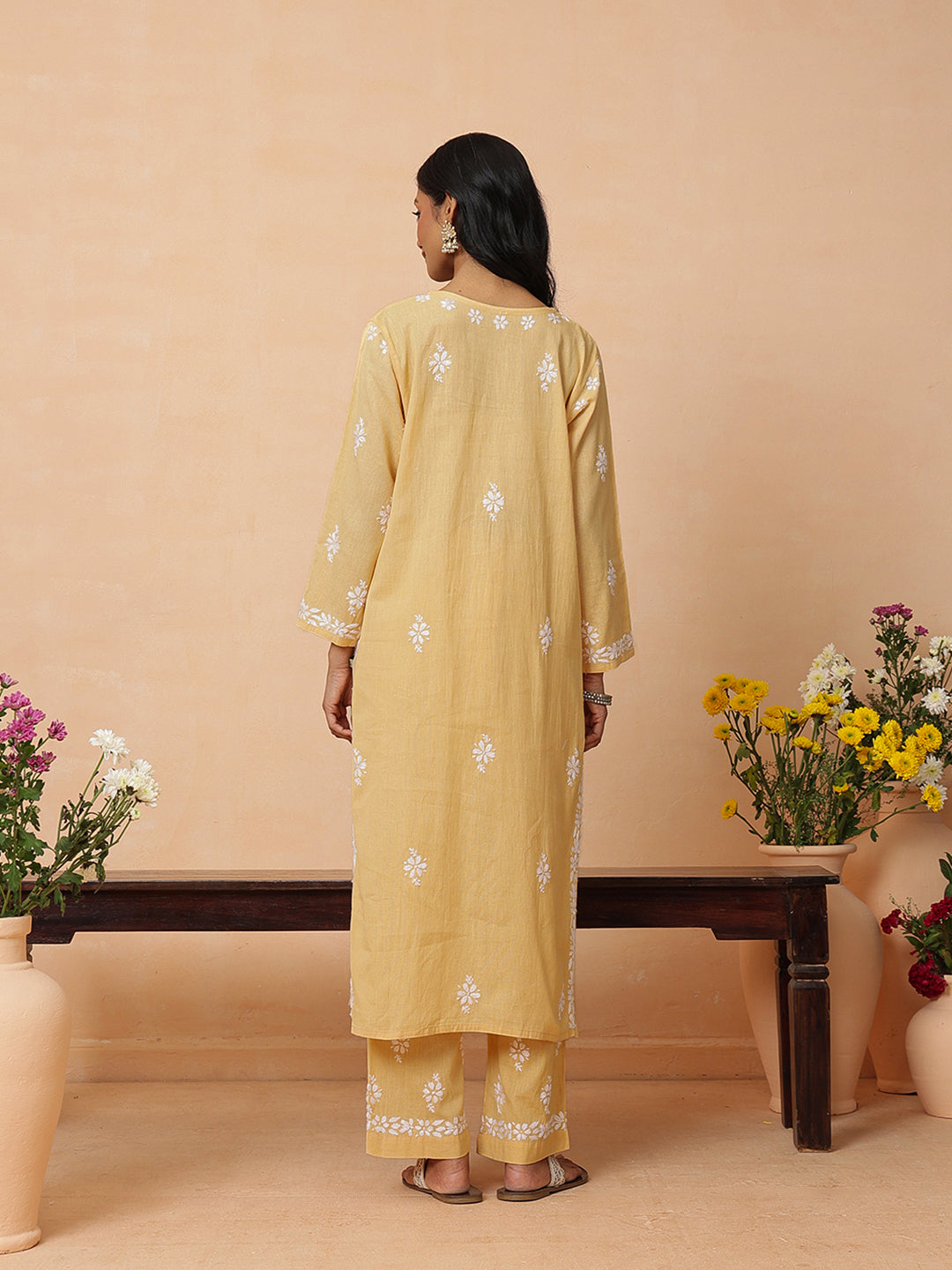 Ada Hand Embroidered Fawn Linen Lucknowi Chikankari Co-Ord Set A811386