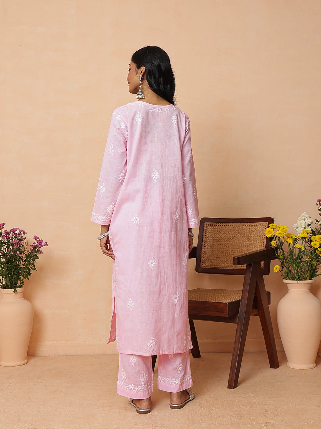 Ada Hand Embroidered Pink Linen Lucknowi Chikankari Co-Ord Set A811389