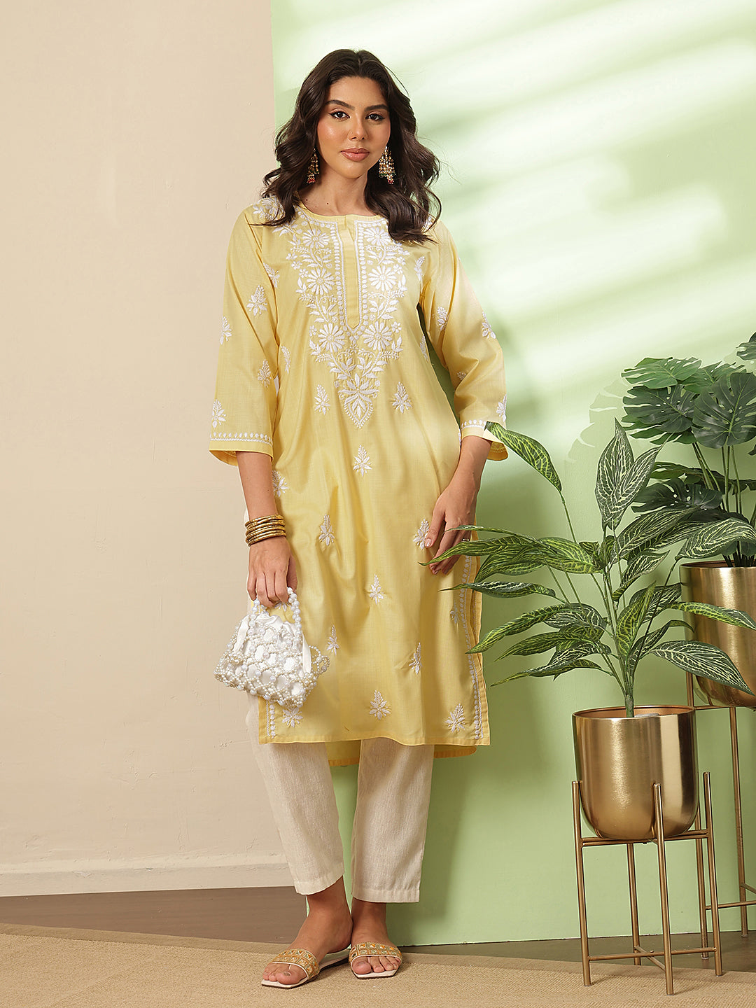 Ada Hand Embroidered Yellow Cotton Lucknow Chikankari Kurta A411814